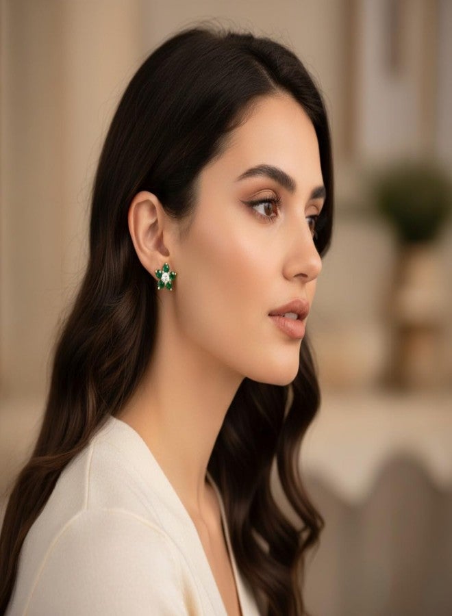 ACCESSHER Women's & Girls Trendy Gold Plated Green Floral Crystal Stud Earrings Sparkling Ear Studs Tops Lightweight Earrings Jewellery for Wedding, Anniversary & Gifting - Image 5