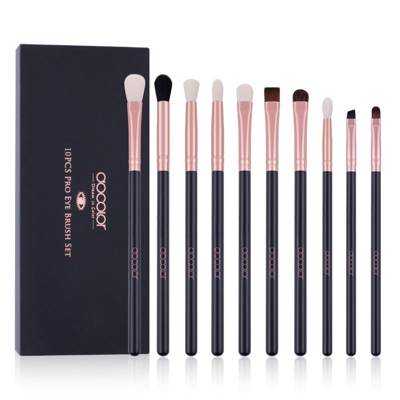 Docolor Eyeshadow Brushes Professional Eye Makeup Brushes Set Eyeshadow Eyeliner Concealer Eyebrow Blending Brushes Eye Make Up Brush Kit with Gift Box (10 Pcs,Black with Rose Gold,Wooden Handles) - Image 1