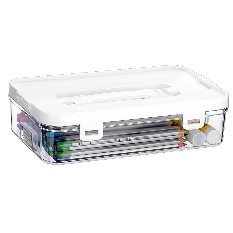 BTSKY Clear Plastic Storage Container with Lid & Handle, Multipurpose Craft Organizers and Storage Box, Easy Carry & Stack Flat Storage Box for Pencils Markers Crayons Sticky Notes, 1 Pack - Image 1