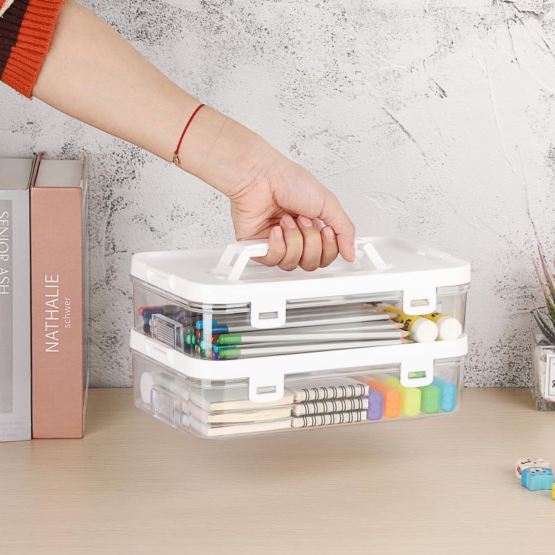 BTSKY Clear Plastic Storage Container with Lid & Handle, Multipurpose Craft Organizers and Storage Box, Easy Carry & Stack Flat Storage Box for Pencils Markers Crayons Sticky Notes, 1 Pack - Image 2