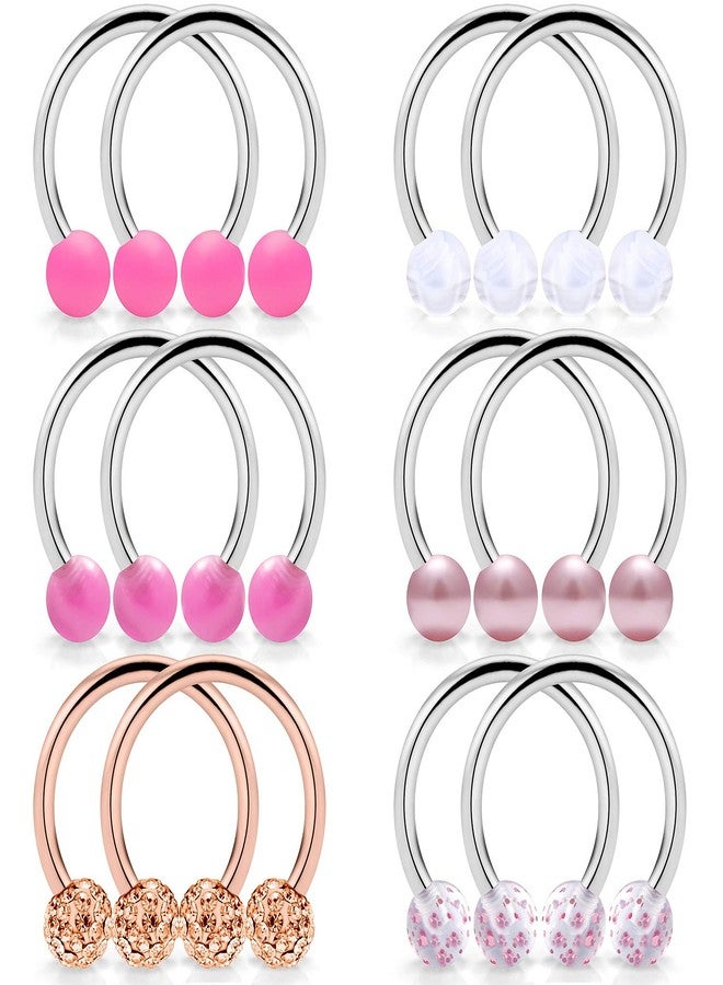 SCERRING مجموعة حلقات حلمات على شكل حدوة حصان من الفولاذ المقاوم للصدأ عيار 14، 6 أزواج، أقراط حلقية للغضروف، مجوهرات ثقب الحلمات للنساء والرجال، 16 مم، لون ذهبي وردي - Image 1