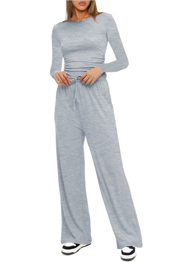 Casual Suit Pleated European And American New Solid Color Long Sleeve Top High Waist Wide Leg Pants Sportswear
