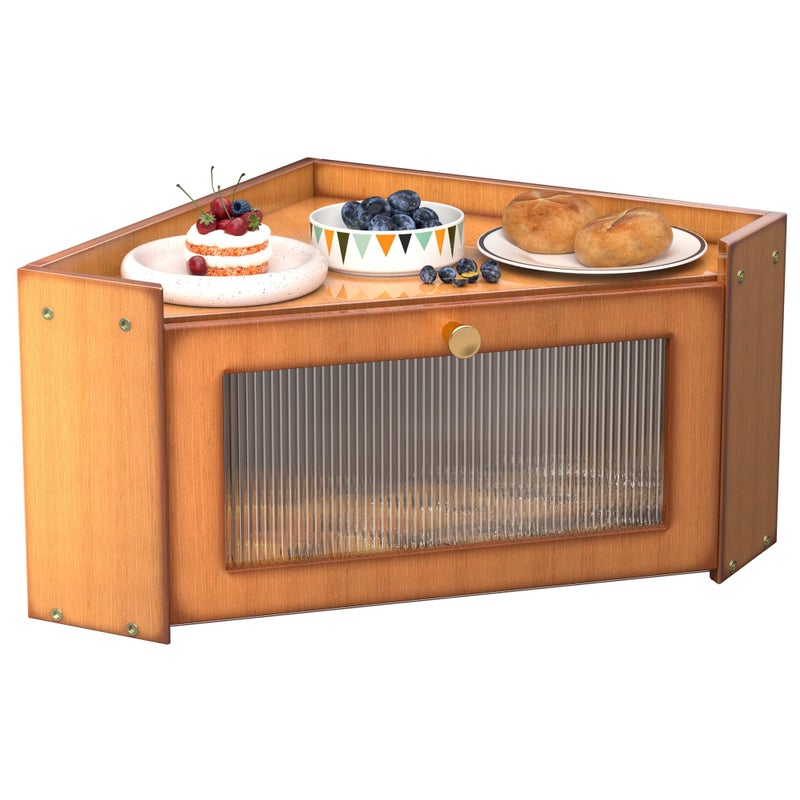 TQQDCI Corner Bread box for Kitchen Countertop, Vintage Wooden Counter Organizer, Bamboo Bread Storage Bin for Homemade Bread, Small Farmhouse Corner Breadbox Container with Acrylic Window, Vintage - Image 1