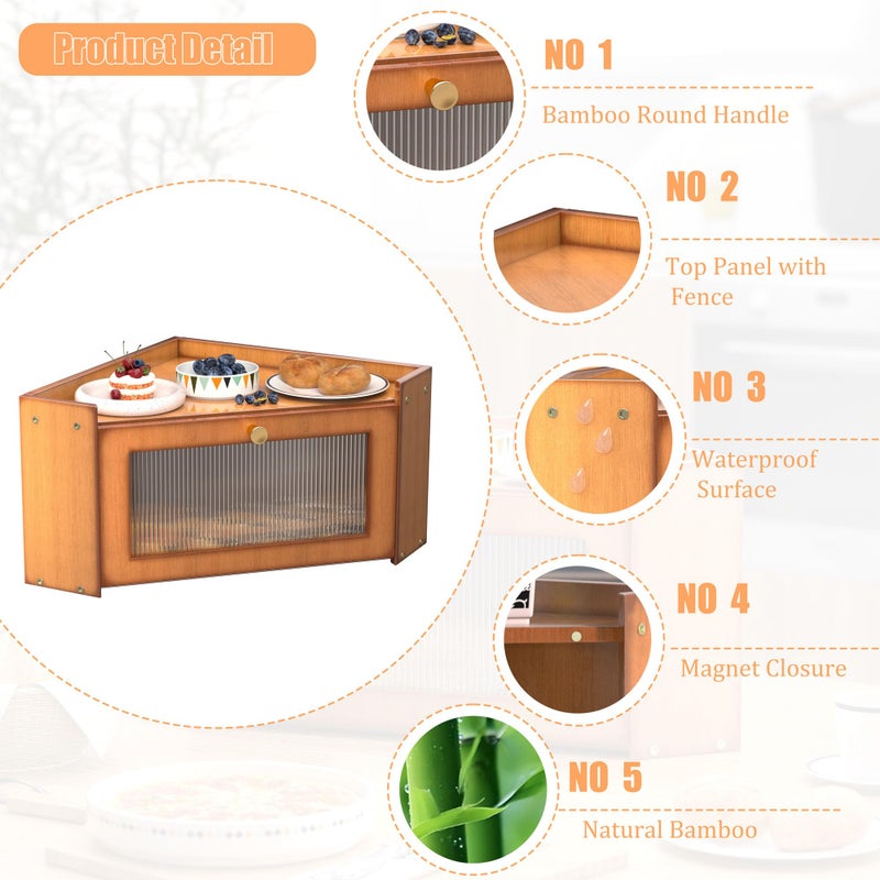 TQQDCI Corner Bread box for Kitchen Countertop, Vintage Wooden Counter Organizer, Bamboo Bread Storage Bin for Homemade Bread, Small Farmhouse Corner Breadbox Container with Acrylic Window, Vintage - Image 5