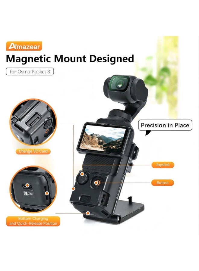 AMAZEAR Pocket 3 Magnetic Mount Stand Compatible with DJI Osmo Pocket 3, Upgraded Pocket3 Accessories Adapter Clamp Magnet Suction Case Holder on Desktop, Vertical Surface, 180° Adjustable Handle, WITH 2 Lens Protector + 2 LCD Screen Protector - Image 2