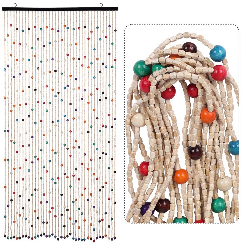 ANMINY Bamboo Wood Beaded Curtain for Doorways 35 by 71 Rainbow Colorful Hippie Door Window Beads 38 Strands Handmade Natural Wooden Boho Hanging Bead Curtain Room Decor