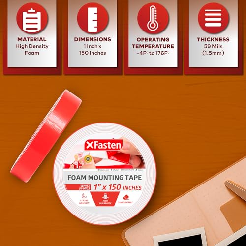 XFasten Double Sided Tape Foam Mounting Tape, 1-Inch x 150-Inch Foam Tape Craft Heavy Duty Mounting Tape Double Sided - Image 3