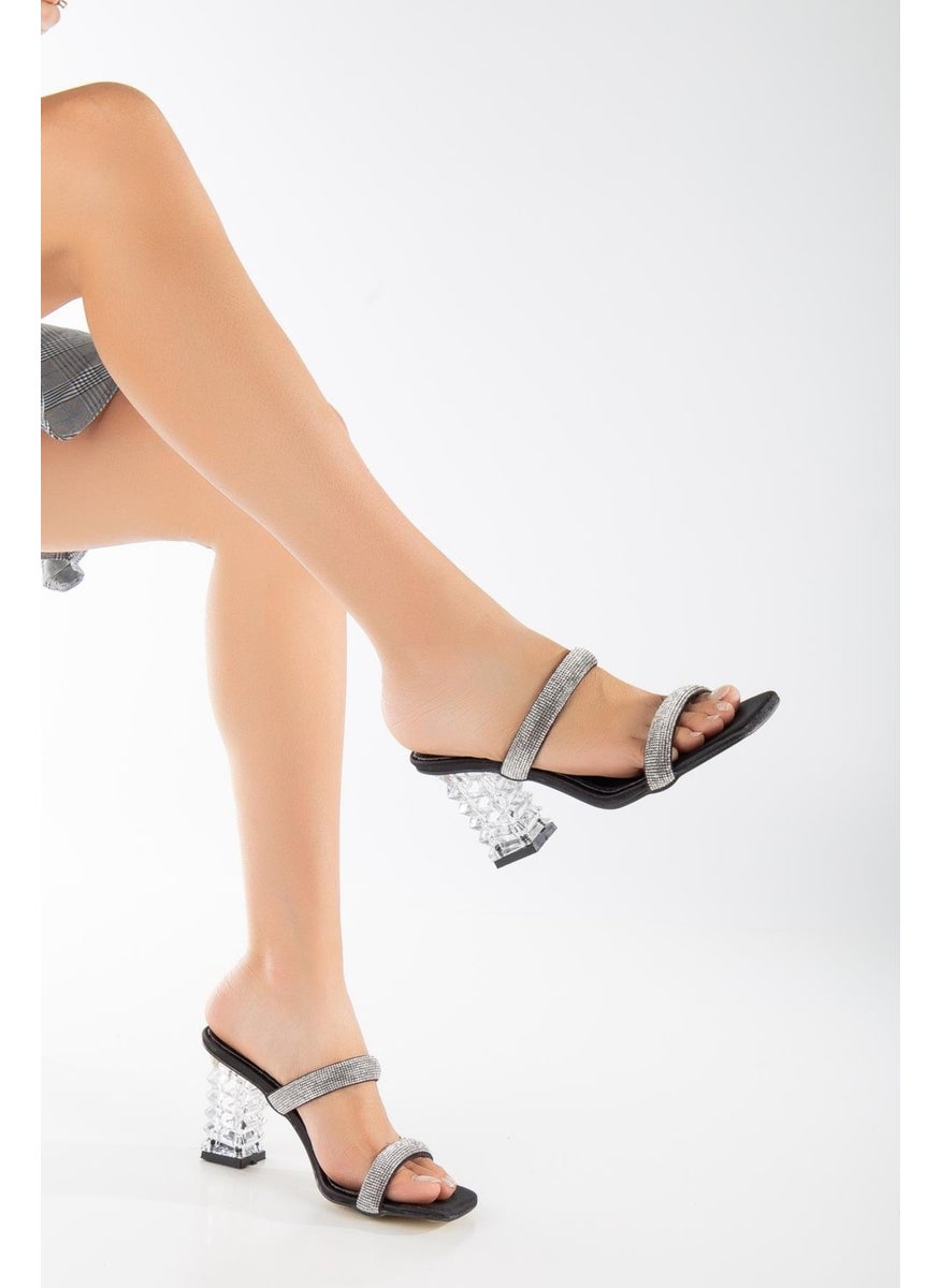 Dilimler Ayakkabı - Slices Shoes Transparent Heels Row Stone Black Women's Evening Dress Slippers Shoes - Image 1