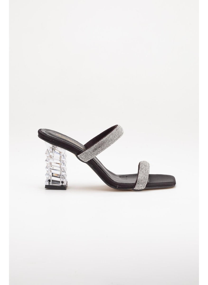 Dilimler Ayakkabı - Slices Shoes Transparent Heels Row Stone Black Women's Evening Dress Slippers Shoes - Image 1