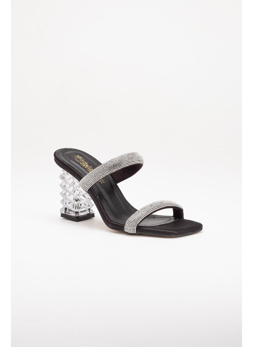 Dilimler Ayakkabı - Slices Shoes Transparent Heels Row Stone Black Women's Evening Dress Slippers Shoes - Image 1
