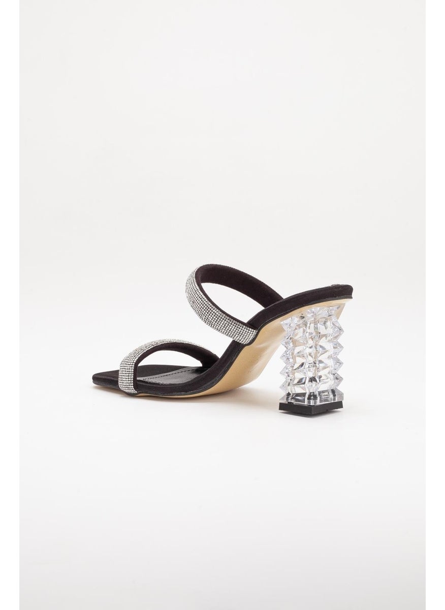 Dilimler Ayakkabı - Slices Shoes Transparent Heels Row Stone Black Women's Evening Dress Slippers Shoes - Image 1