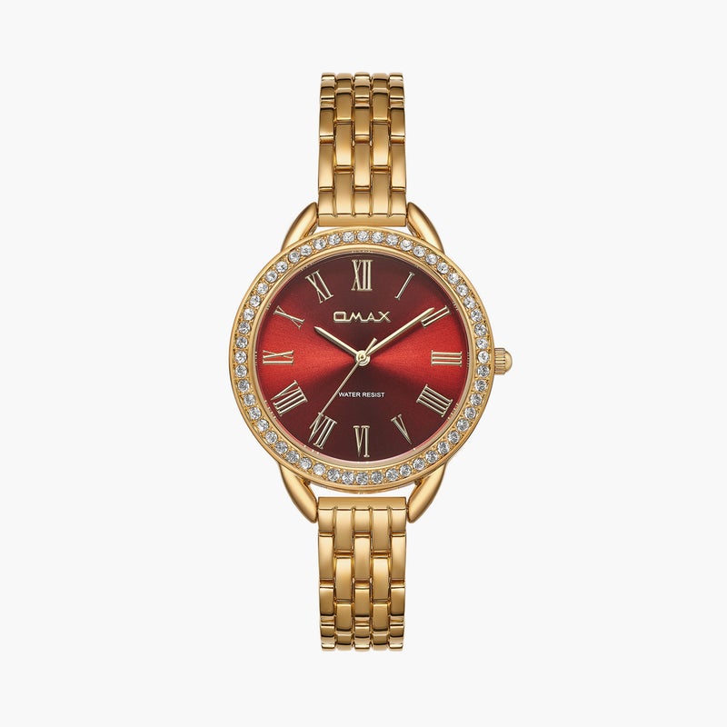 OMAX ساعة أنالوج ذهبية بقرص أحمر للنساء - Image 1