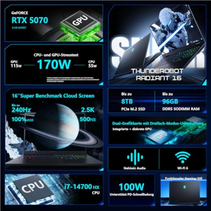 Radiant 16 Gaming Laptop, Intel Core i7-14700HX, NVIDIA GeForce RTX 5070 8GB 115W, 16 QHD+ 240Hz 100 DCI-P3, 32GB DDR5, 1TB SSD, RGB Backlit Keyboard, Wi-Fi 6, Windows 11 Pro, Black - Image 2