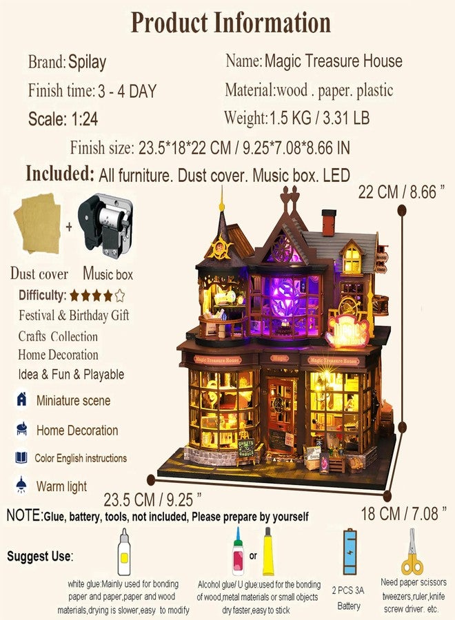 Spilay DIY Miniature House Kit, DIY Dollhouse Kit with Music Box and Dust Cover, 3D Wooden Puzzle Book Nook Kit for Adult, Bookshelf Decor&Gift for Birthday Halloween Christmas（Magic Treasure House） - Image 4