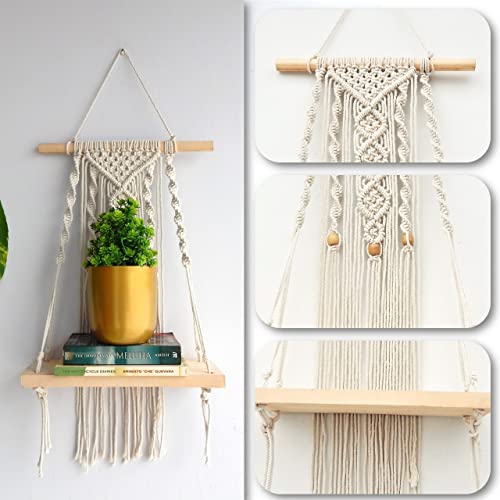 ecofynd 12 inches Cotton Wall Hanging Wooden Shelf, Bohemian Boho Nordic Style for Home Decor, Floating Rack for Bedroom Living Room (SH026) - Image 4