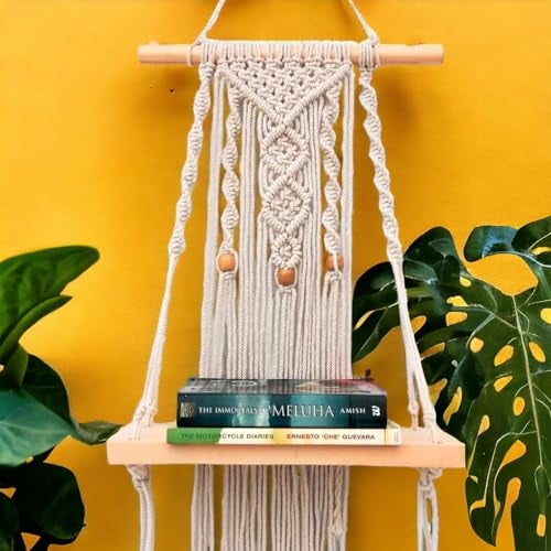 ecofynd 12 inches Cotton Wall Hanging Wooden Shelf, Bohemian Boho Nordic Style for Home Decor, Floating Rack for Bedroom Living Room (SH026) - Image 1