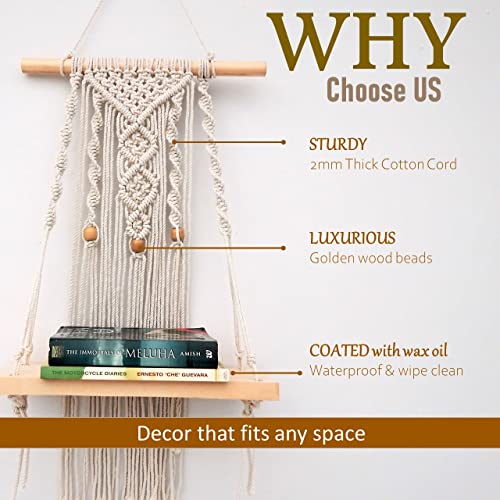 ecofynd 12 inches Cotton Wall Hanging Wooden Shelf, Bohemian Boho Nordic Style for Home Decor, Floating Rack for Bedroom Living Room (SH026) - Image 5