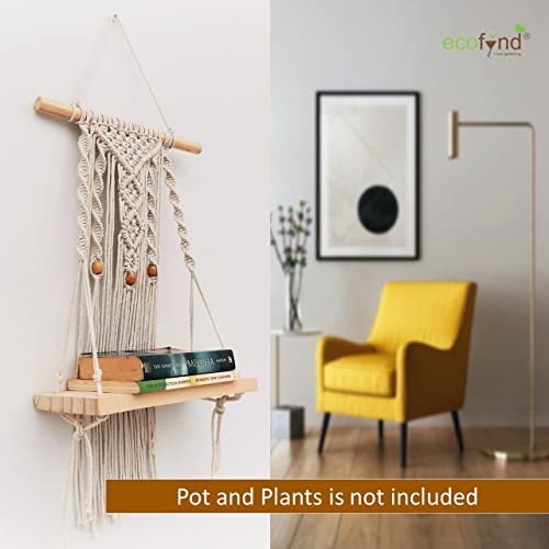 ecofynd 12 inches Cotton Wall Hanging Wooden Shelf, Bohemian Boho Nordic Style for Home Decor, Floating Rack for Bedroom Living Room (SH026) - Image 2