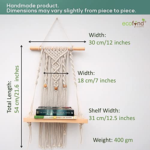 ecofynd 12 inches Cotton Wall Hanging Wooden Shelf, Bohemian Boho Nordic Style for Home Decor, Floating Rack for Bedroom Living Room (SH026) - Image 3