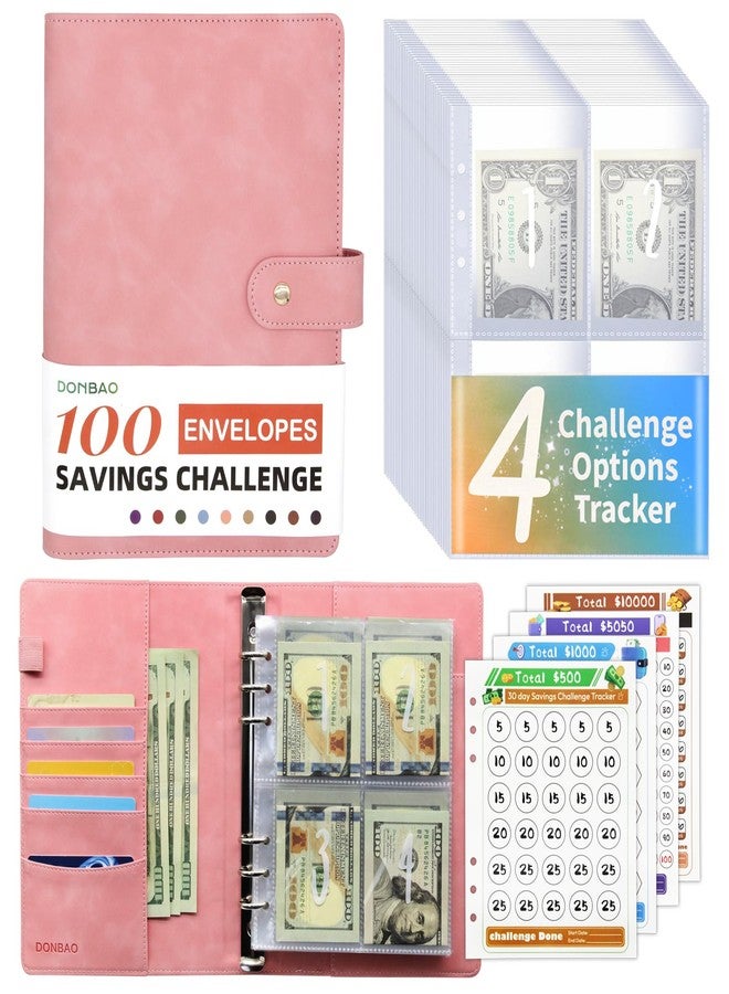 DONBAO 100 Envelopes Money Saving Challenge Binder, A5 Budget Binder with Envelopes and Challenge Tracker, 2024 New Savings Challenges Planner Book to Save $500, $1000, $5050, $10000 (Pink) - Image 1