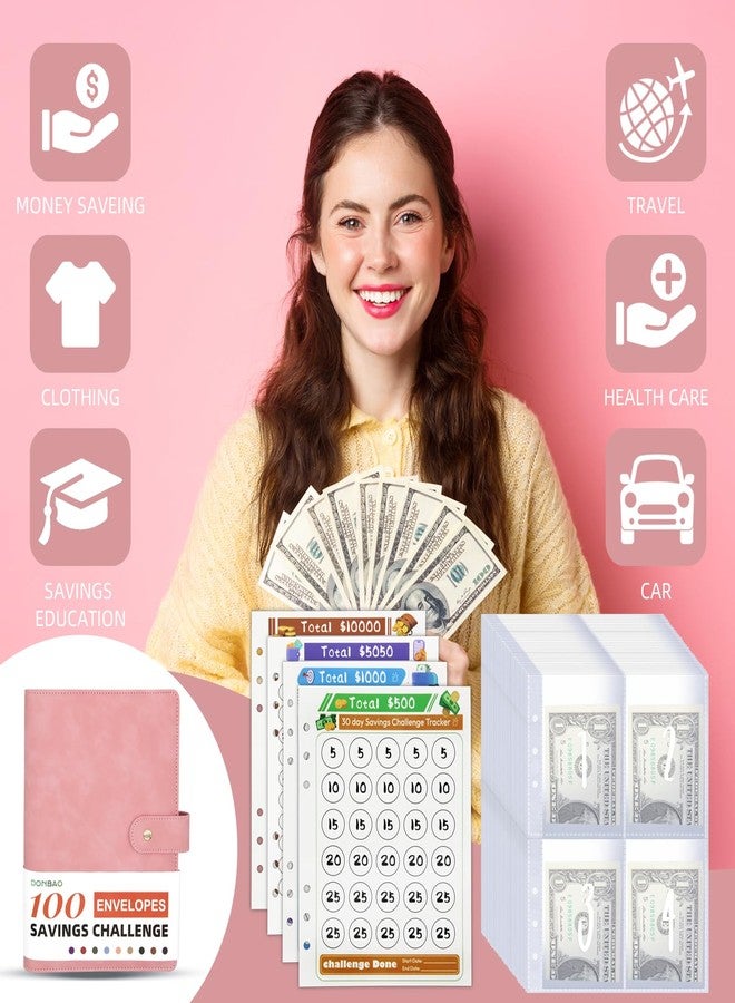 DONBAO 100 Envelopes Money Saving Challenge Binder, A5 Budget Binder with Envelopes and Challenge Tracker, 2024 New Savings Challenges Planner Book to Save $500, $1000, $5050, $10000 (Pink) - Image 2