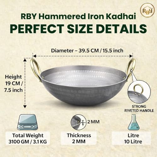 RBY 10 Litre (15.4 Inch / 39 CM) Hammered Food Grade Iron Kadai Lohe Ki Kadhai for Frying Cooking Heavy Base Smooth Edge Metal Spoon Friendly Deep Frying Pan Riveted Handle Gas & Induction Compatible - Image 2
