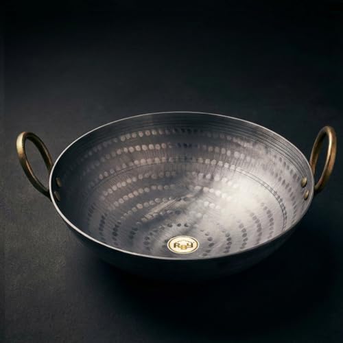 RBY 10 Litre (15.4 Inch / 39 CM) Hammered Food Grade Iron Kadai Lohe Ki Kadhai for Frying Cooking Heavy Base Smooth Edge Metal Spoon Friendly Deep Frying Pan Riveted Handle Gas & Induction Compatible - Image 1