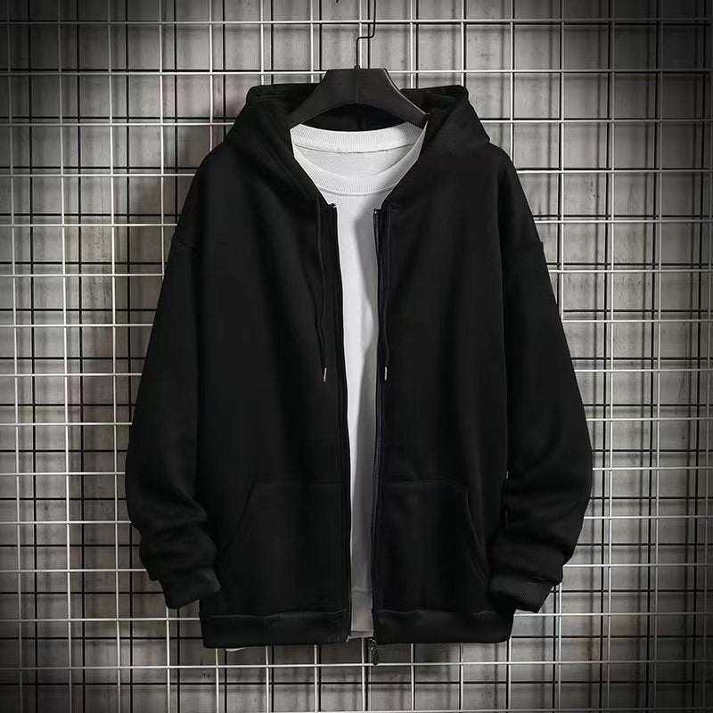 Autumn and Winter zipper sweater mens fleece-lined hooded loose all-match top Korean style trendy casual sports cardigan jacket Black zipper sweater 