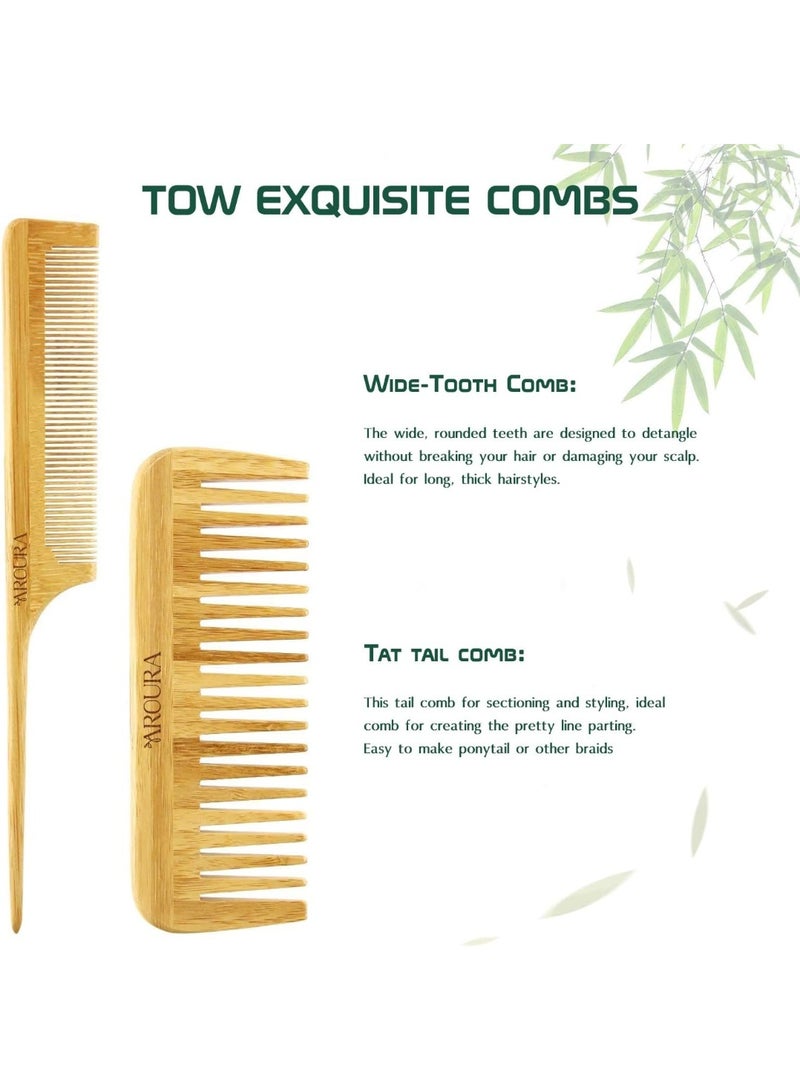Aroura Premium Bamboo Hair Brush Set - Wide-Tooth & Tail Comb, Paddle Detangling Hairbrush, No Bristle, Suitable for Thick/Thin/Curly/Dry Hair, Ideal for Women, Men, and Kids - Yellow Gift Kit - Image 4
