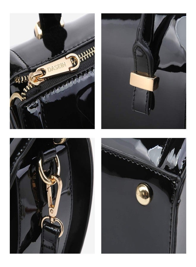 داسين حقيبة يد لامعة من الجلد الصناعي اللامع، حقيبة كتف بمقبض علوي أسطواني للنساء (أسود) - Image 5