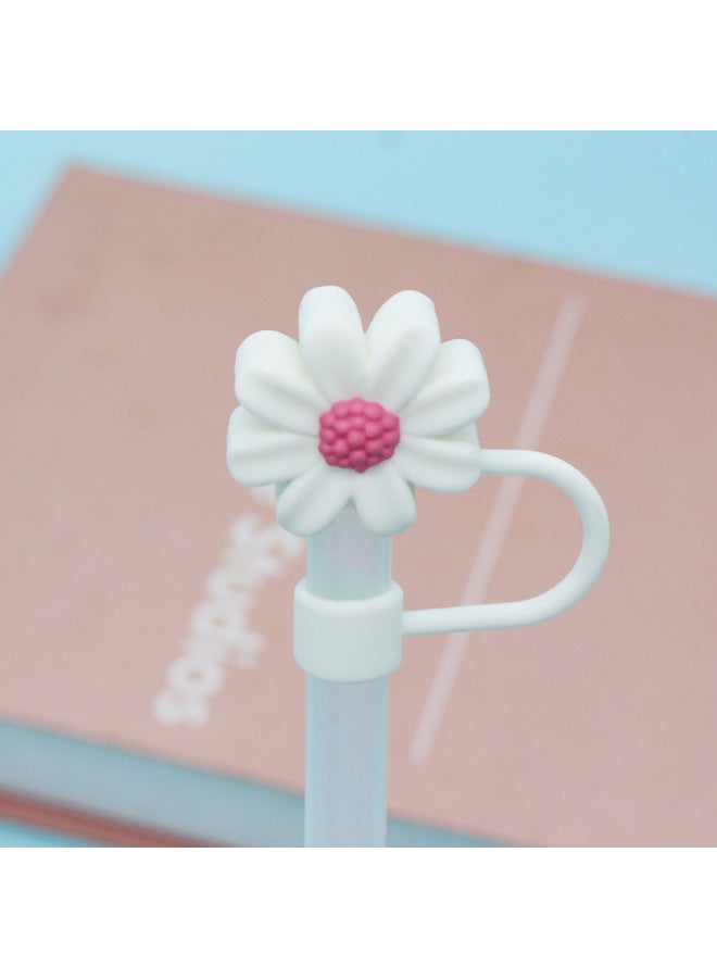 Direct 10mm Cute Shape Straw Sleeve Dustproof Recyclable Straw Cap Environmentally Friendly Straw Plug-Color:Silicone Chrysanthemum-white Powder 10mm-Specifications:Bag With Straw (straw Color Random)  - Image 1