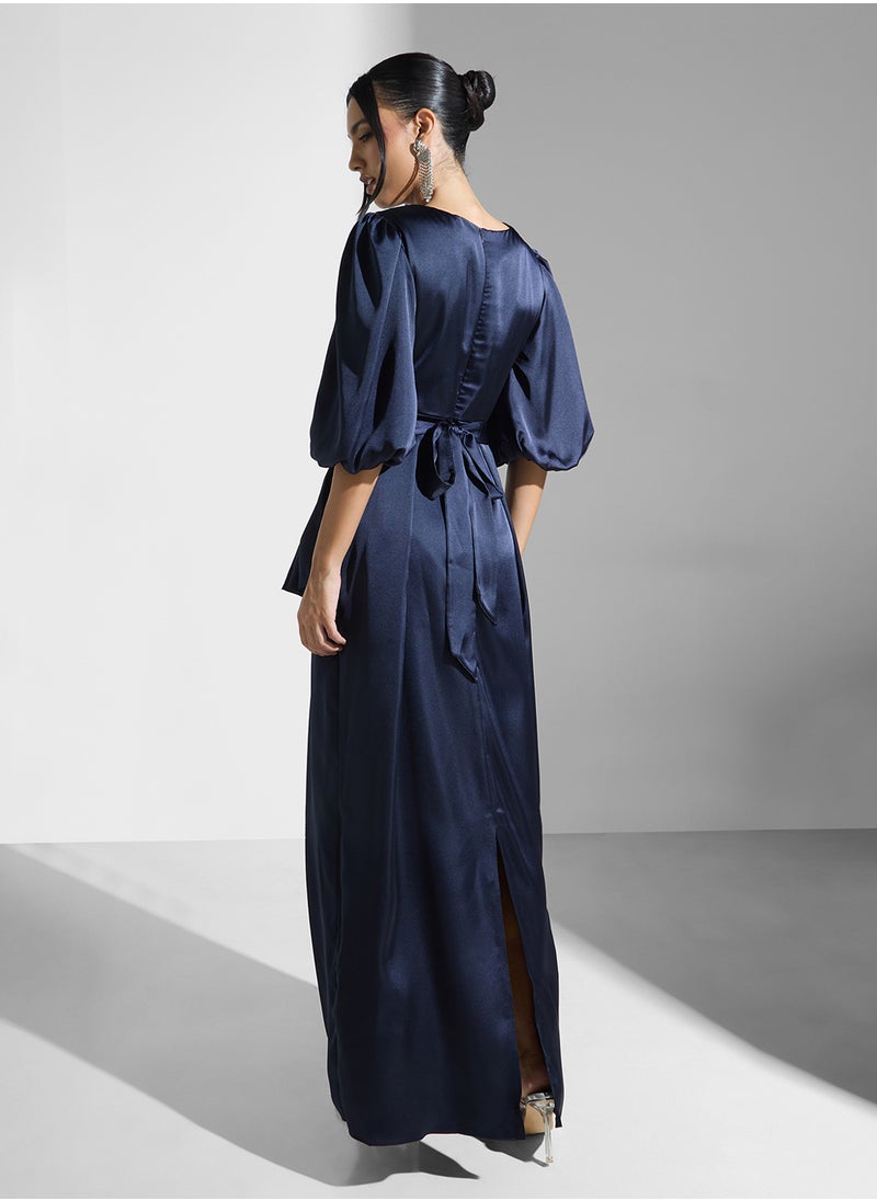 Iyra - Balloon Sleeve Tie Detail Dress - Image 1