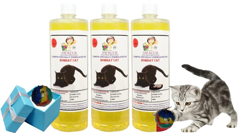 swacch Bombay Cat Shampoo + Rubber Musical Ball I Chew Playing Rubber Ball I Interactive Cat Toy Balls I Training & Play I Combo Pack I 1 Litre Pack of 3 Lemon - Image 1