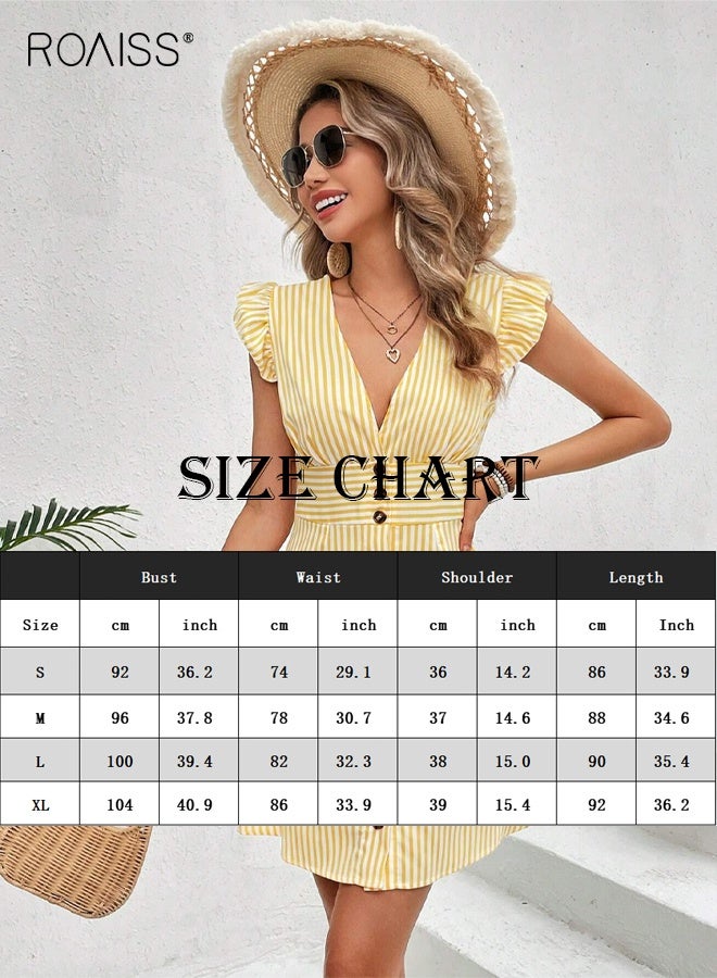 roaiss Women's V-Neck Flying Sleeve Dress Laides Summer Temperament Striped Print Dress Waist-Closing Buttons Knee Length Dress Yellow - Image 5