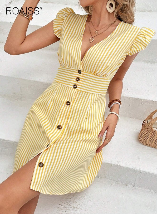 roaiss Women's V-Neck Flying Sleeve Dress Laides Summer Temperament Striped Print Dress Waist-Closing Buttons Knee Length Dress Yellow - Image 4