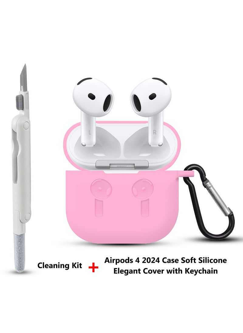 CATANES - ( for Apple Airpods 4 2024 ) Case with Cleaner Kit Shockproof Protective Soft Silicone Case Cover with Carabiner Keychain - Pink Case White Cleaner - Image 1