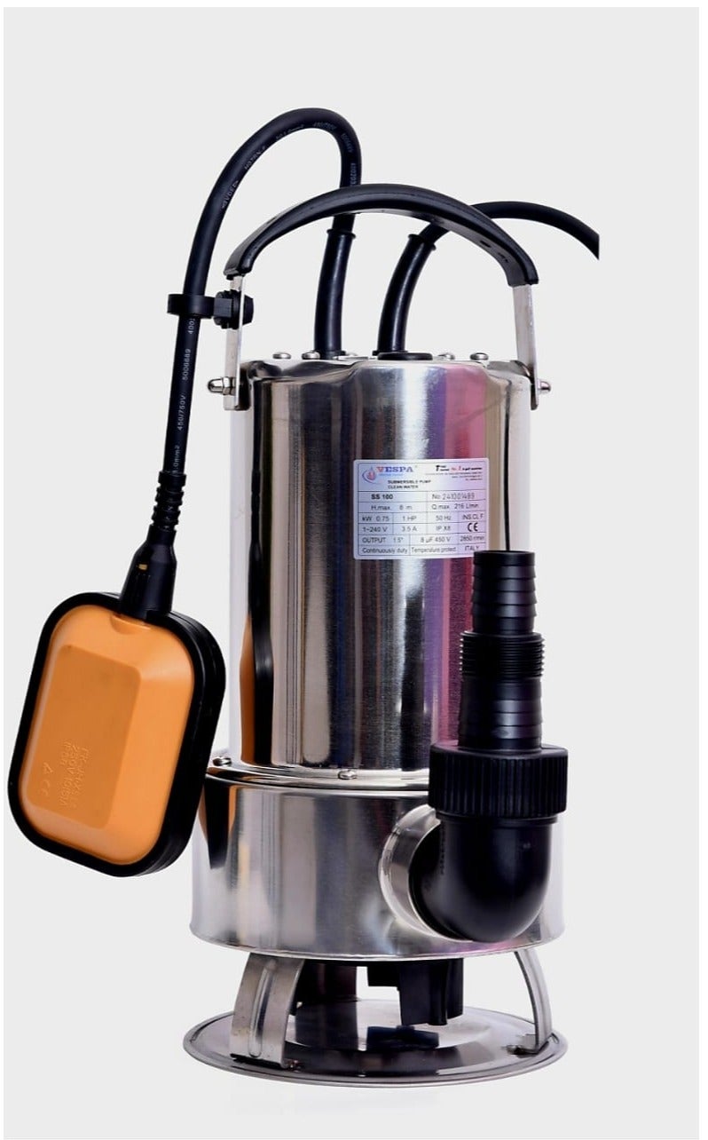 VESPA SS 100 1HP Submersible Water Pump 200 LPM Flow 9m Head 1.25 Inch Outlet Single Phase Fiber Impeller Clean Water Transfer