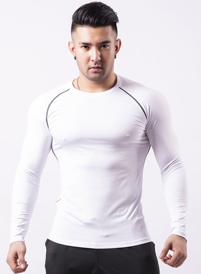 Men's Long Sleeve Compression Shirt Compression T-Shirt for Workout Sports Fitness Muscle Training Sportswear (White + Black Line) - Image 2