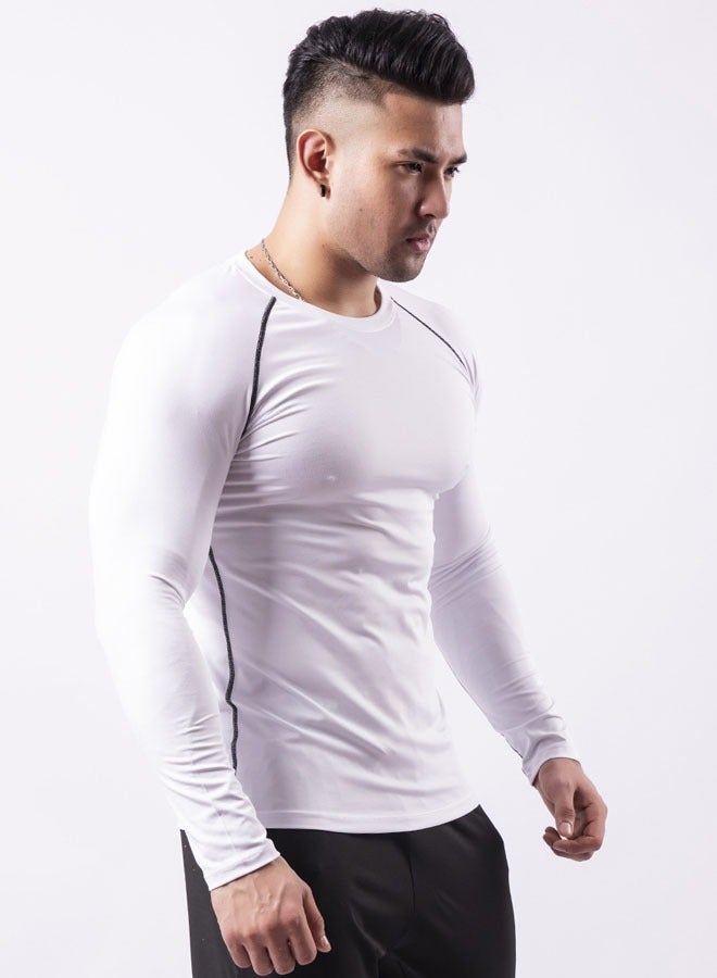 Men's Long Sleeve Compression Shirt Compression T-Shirt for Workout Sports Fitness Muscle Training Sportswear (White + Black Line) - Image 3