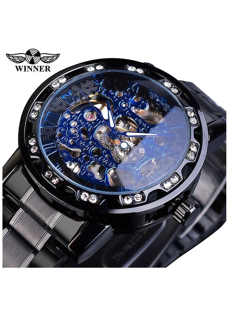 وينر ساعة رجالية أنيقة وعملية بهيكل عظمي يدوي مرصع بأحجار الراين