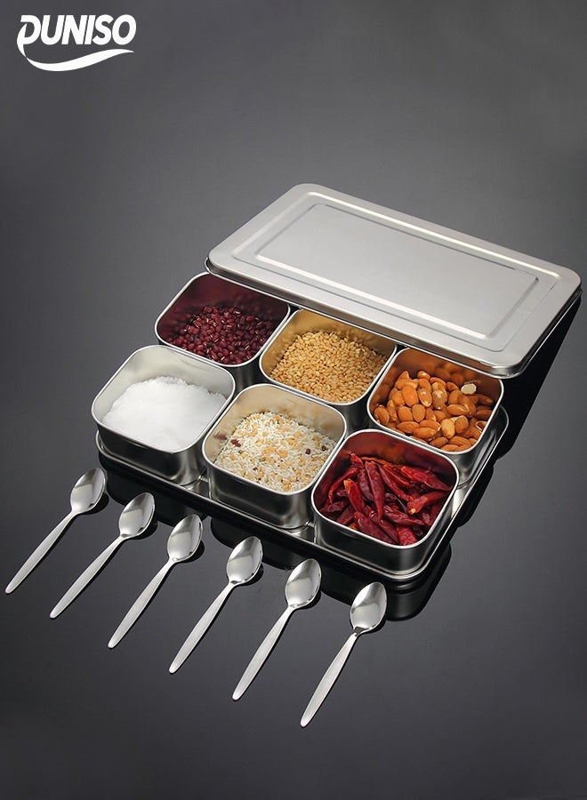 DUNISO 6-Grid Square Stainless Steel Spice Box, Kitchen Masala Spice Box, Moisture-Proof With Lid - Image 1