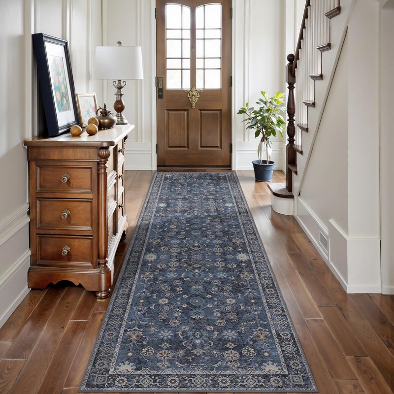 Tangsoo 2.6x8 Runner Rug for Hallway Kitchen, Non Slip Washable Long Rug Runner Boho Vintage Floral Carpet, Distressed Blue Black Soft Low Pile Indoor Runners for Entryway, Laundry, Kids&pets Friendly - Image 1