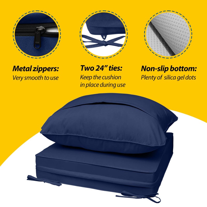 AAAAAcessories Outdoor Seat Cushions for Chairs, Fade-Resistant, Waterproof Patio Furniture Replacement Cushions, 23.5" x 25.5" x 5" + 23.5" x 19", Navy Blue - Image 3