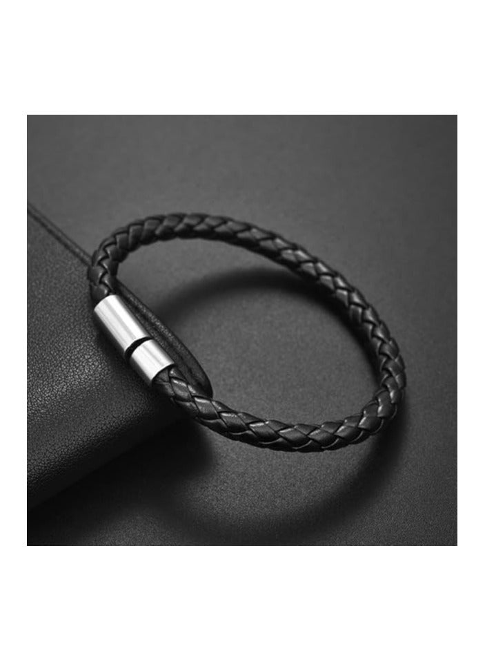 MARIO DRAFTS Men's Braided Leather Bracelet, Black with Silver Magnetic Clasp - Image 1