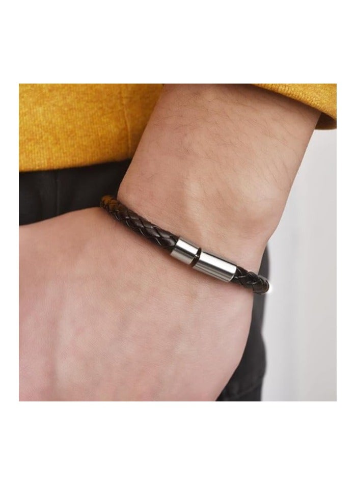 MARIO DRAFTS Men's Braided Leather Bracelet, Black with Silver Magnetic Clasp - Image 2