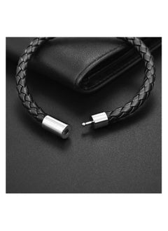 MARIO DRAFTS Men's Braided Leather Bracelet, Black with Silver Magnetic Clasp  - Image 3