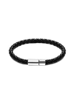 MARIO DRAFTS Men's Braided Leather Bracelet, Black with Silver Magnetic Clasp  - Image 4