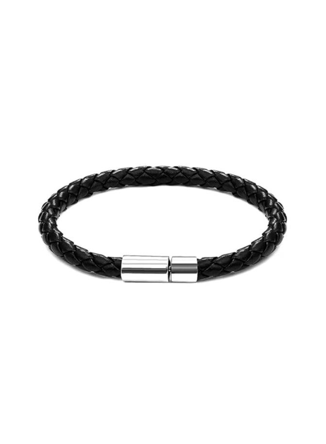 MARIO DRAFTS Men's Braided Leather Bracelet, Black with Silver Magnetic Clasp - Image 4