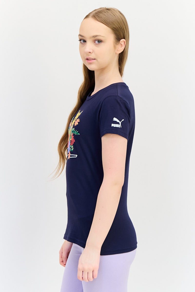 PUMA تي شيرت رياضي نسائي مزين برسومات لياقة بدنية، أزرق داكن - Image 2