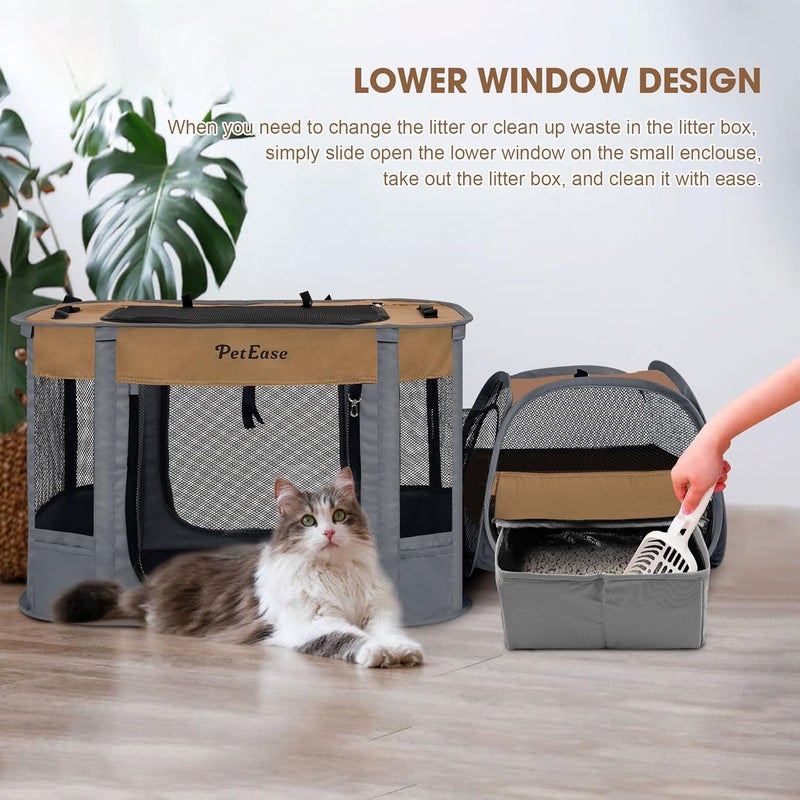 PetEase Portable 2-in-1 Dog Crate playpen, Outdoor Cat Playpen with Litter Box Area for Indoor Cats Enclosed Rabbit Puppy Hamster, Indoor/Outdoor Cats Enclosure Cages Tent Tent (Brown) - Image 2